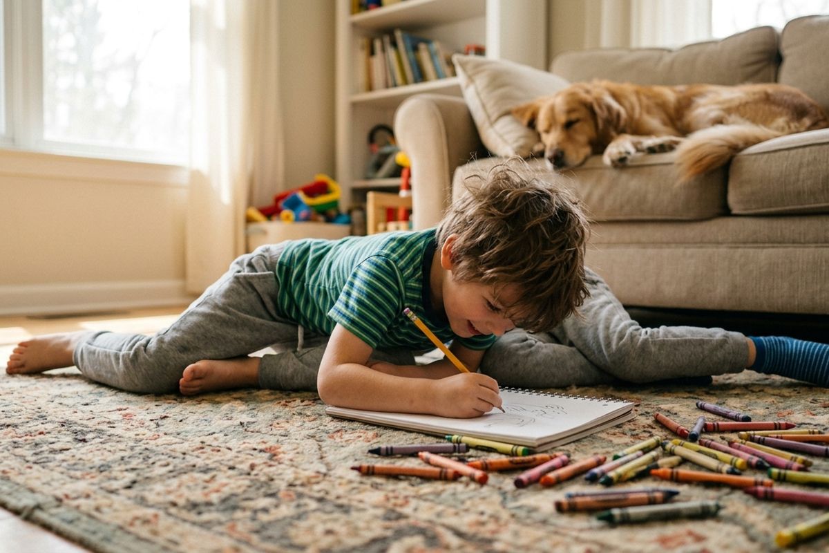 A boy lying on a living-room rug writing and drawing in a spiral notebook with crayons scattered around him