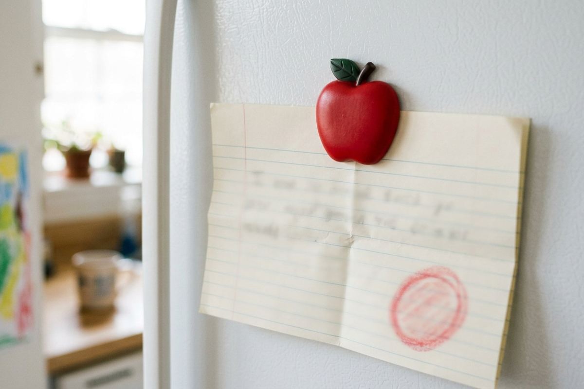 Friday spelling list on a fridge with two words circled in pencil