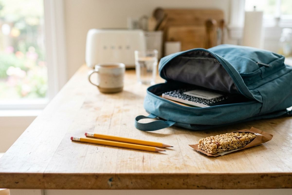 Two sharpened pencils and a granola bar on a counter next to a backpack in morning light