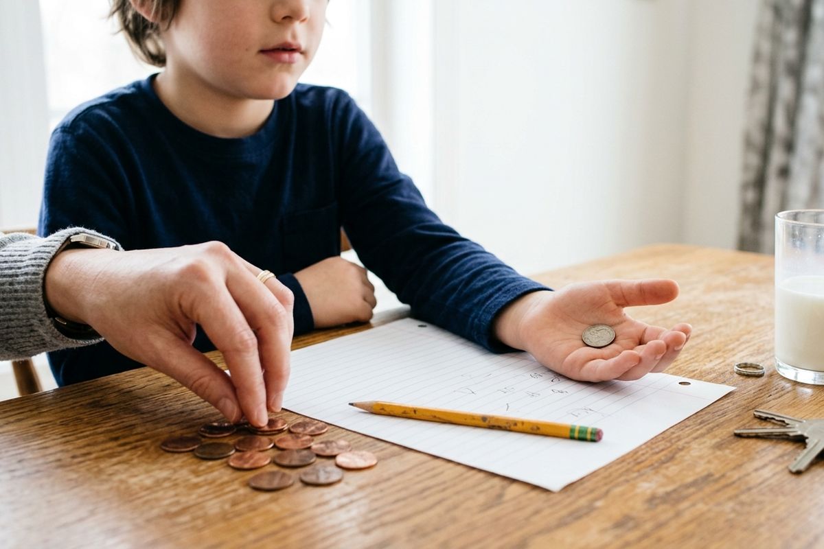 Parent and child at a kitchen table trading a dime for a row of pennies next to a math worksheet