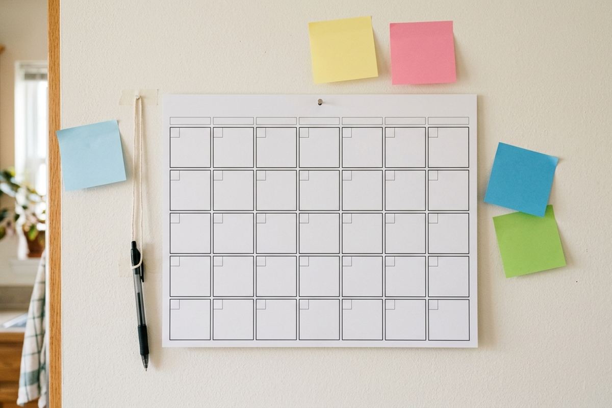 Family wall calendar for the summer months with colorful blank sticky notes