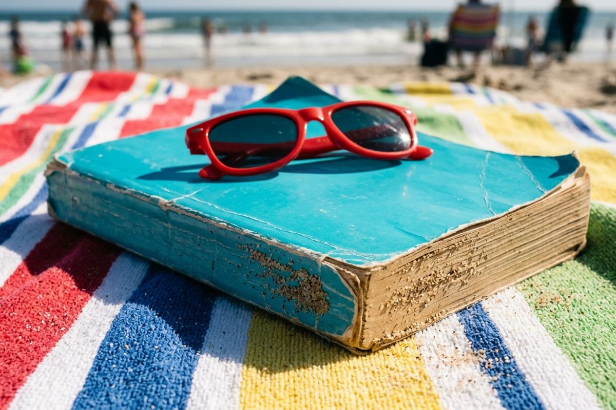Paperback book with sand in the spine and sunglasses resting on top of a beach towel