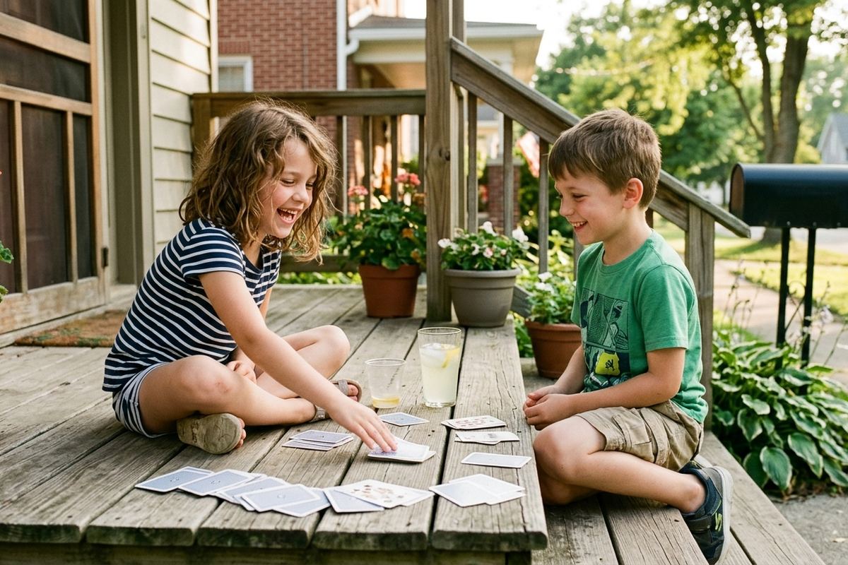 Kids playing a card game at a picnic table on a summer afternoon