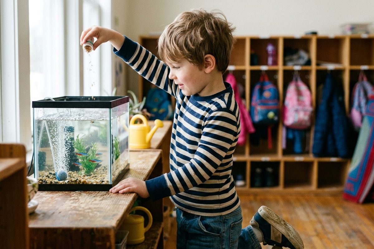 First grader feeding the classroom fish on a Monday morning, cubbies with backpacks behind