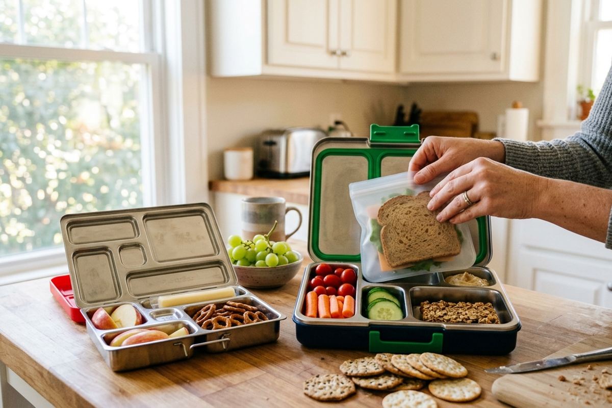 Two open lunchboxes being packed side by side on a kitchen counter in the morning