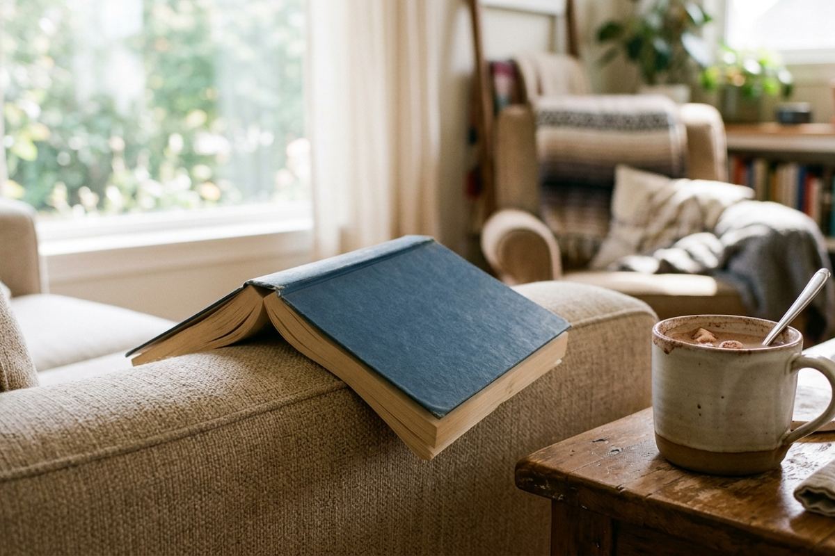 Open book face-down on a sofa arm next to a half-finished mug of cocoa