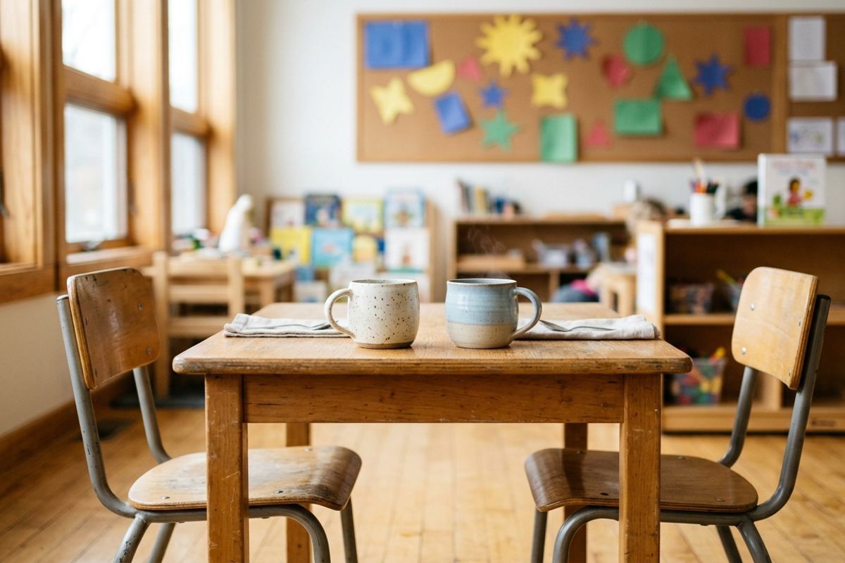 Two coffee cups on a classroom table before a morning meeting, chairs angled toward each other