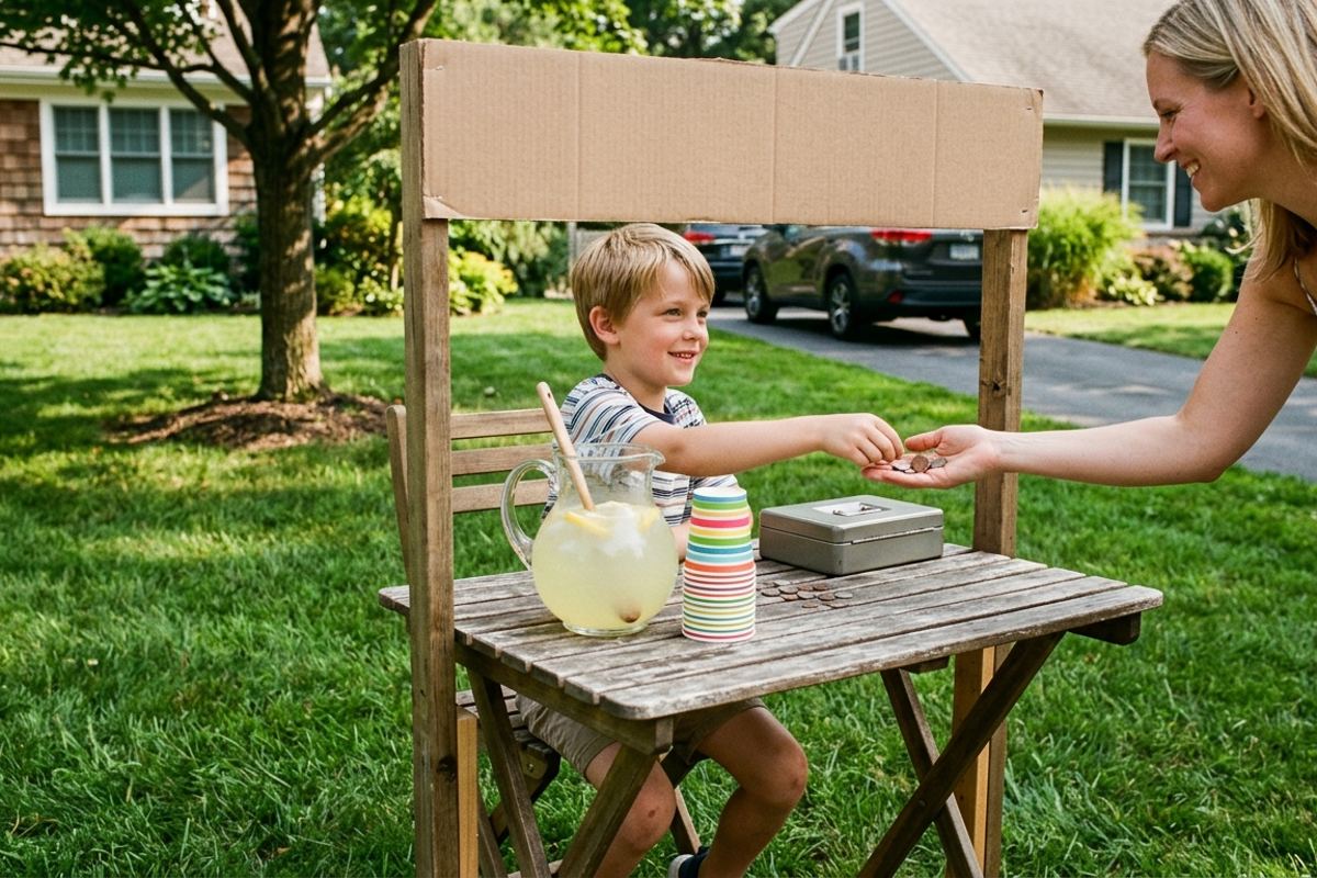 Child handing change to a neighbor at a lemonade stand in a front yard