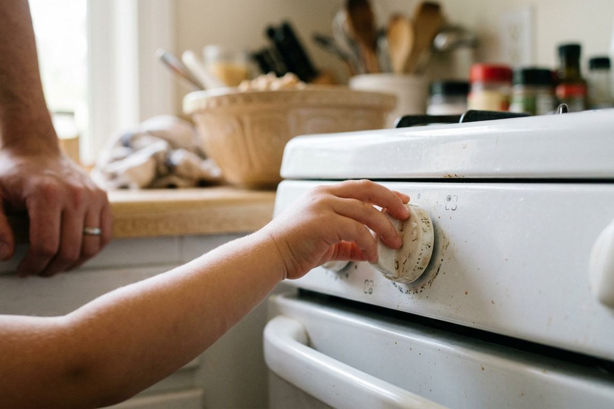 Child's hand setting the oven timer knob in a kitchen