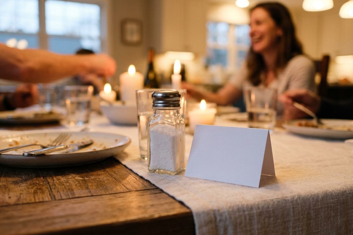 Folded paper tent and salt shaker on a candlelit family dinner table