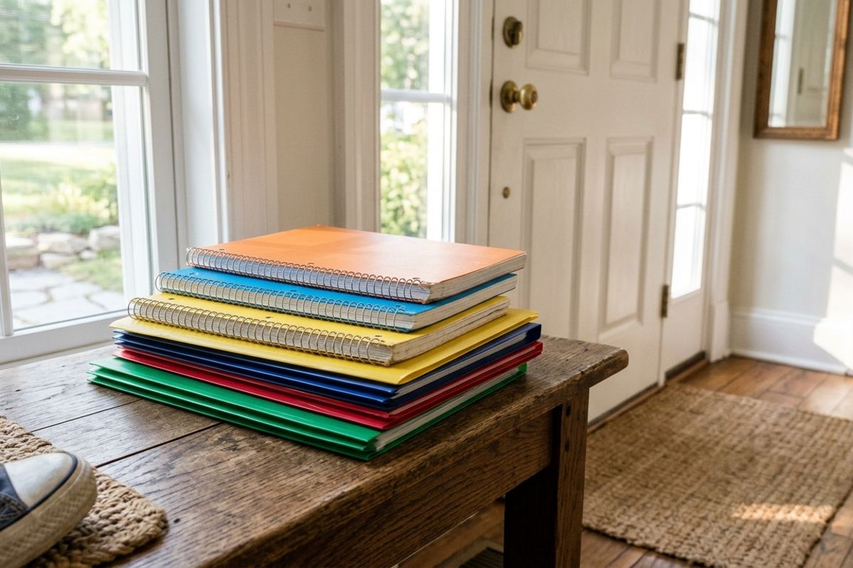 Stack of colorful spiral notebooks and folders on a bench by the front door