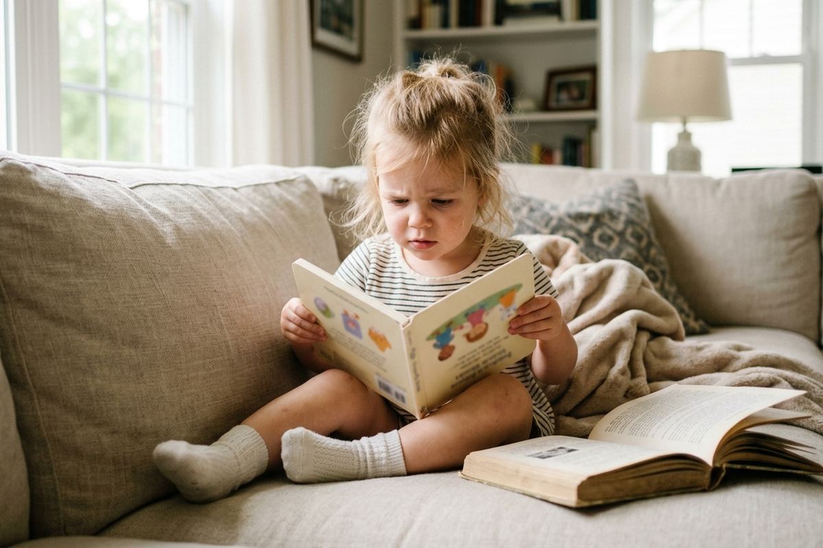 Kindergartner sounding out words in an easy reader at the kitchen table
