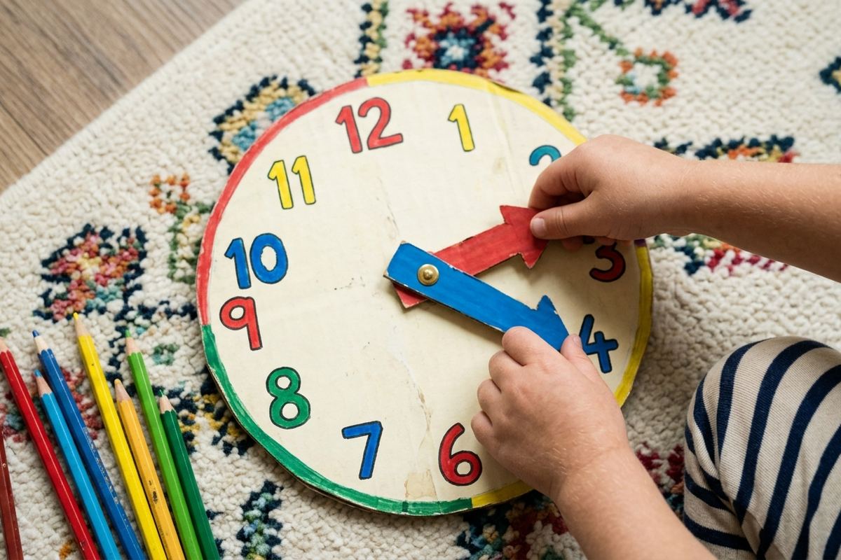 Practice clock with movable hands next to a child's homework