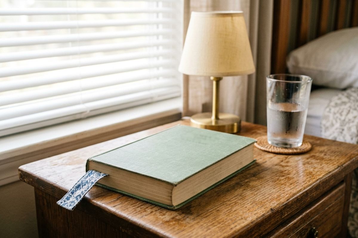 Book on a nightstand with a bookmark barely moved from the front, in morning light