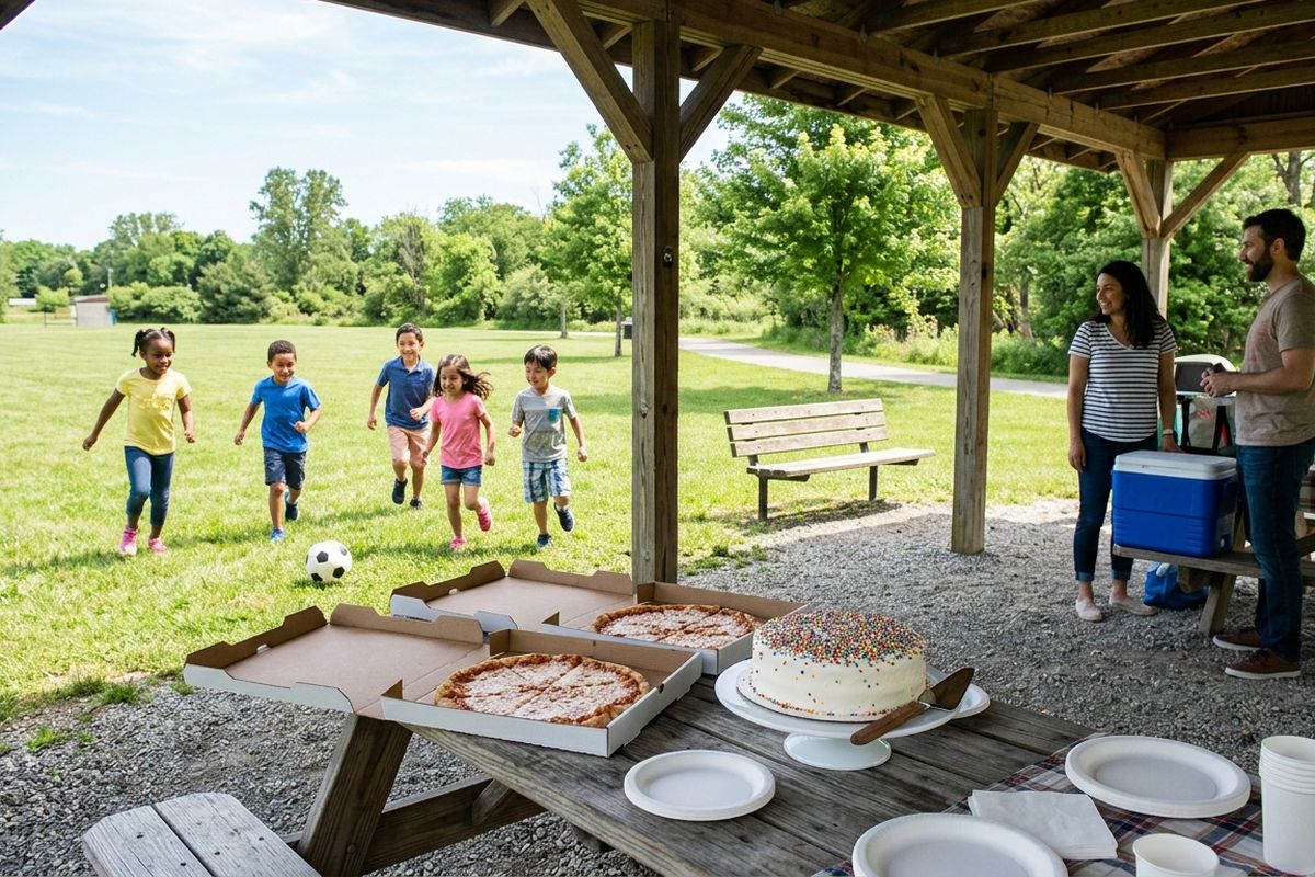 Kids chasing a soccer ball past a park pavilion picnic table with pizza boxes and a sheet cake at a low-key birthday party