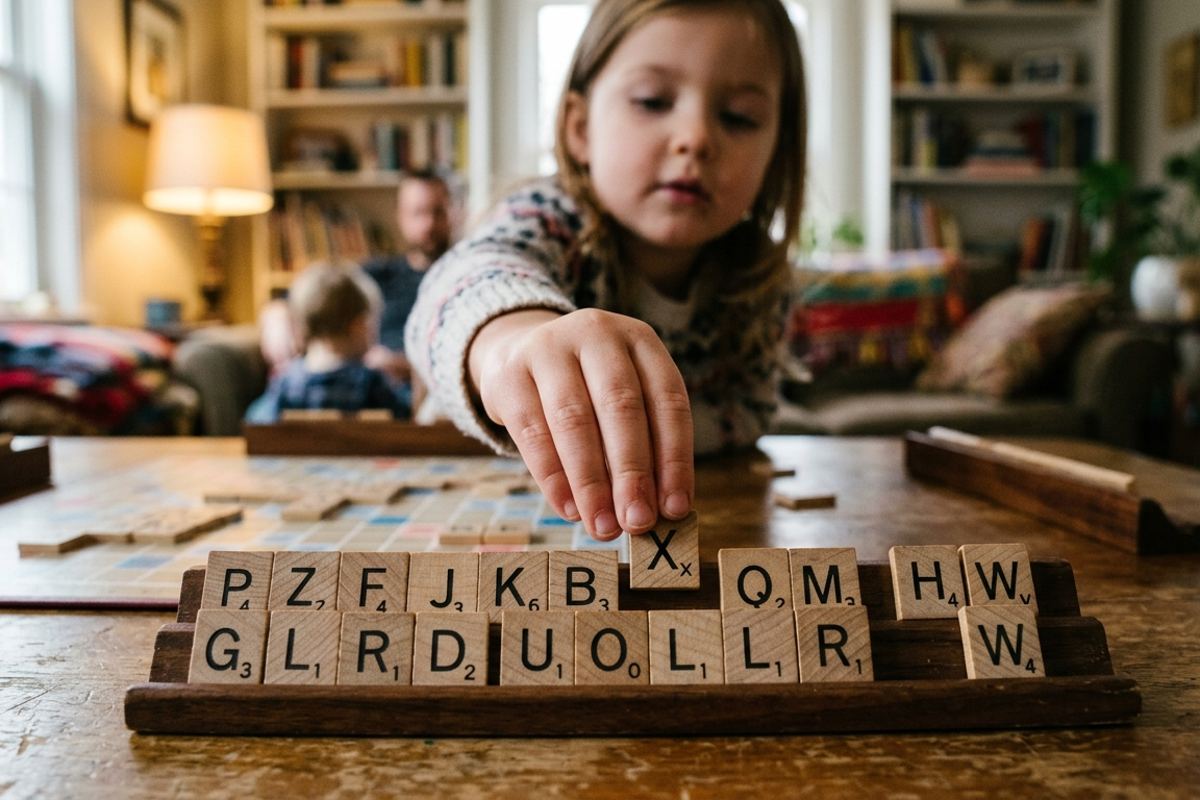 Hand holding wooden letter tiles on a small rack at a table