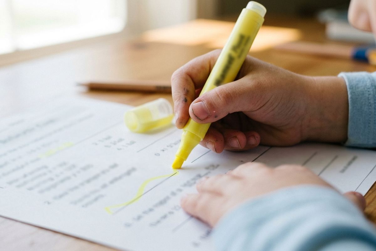 Highlighter tracing over a printed word problem on a desk