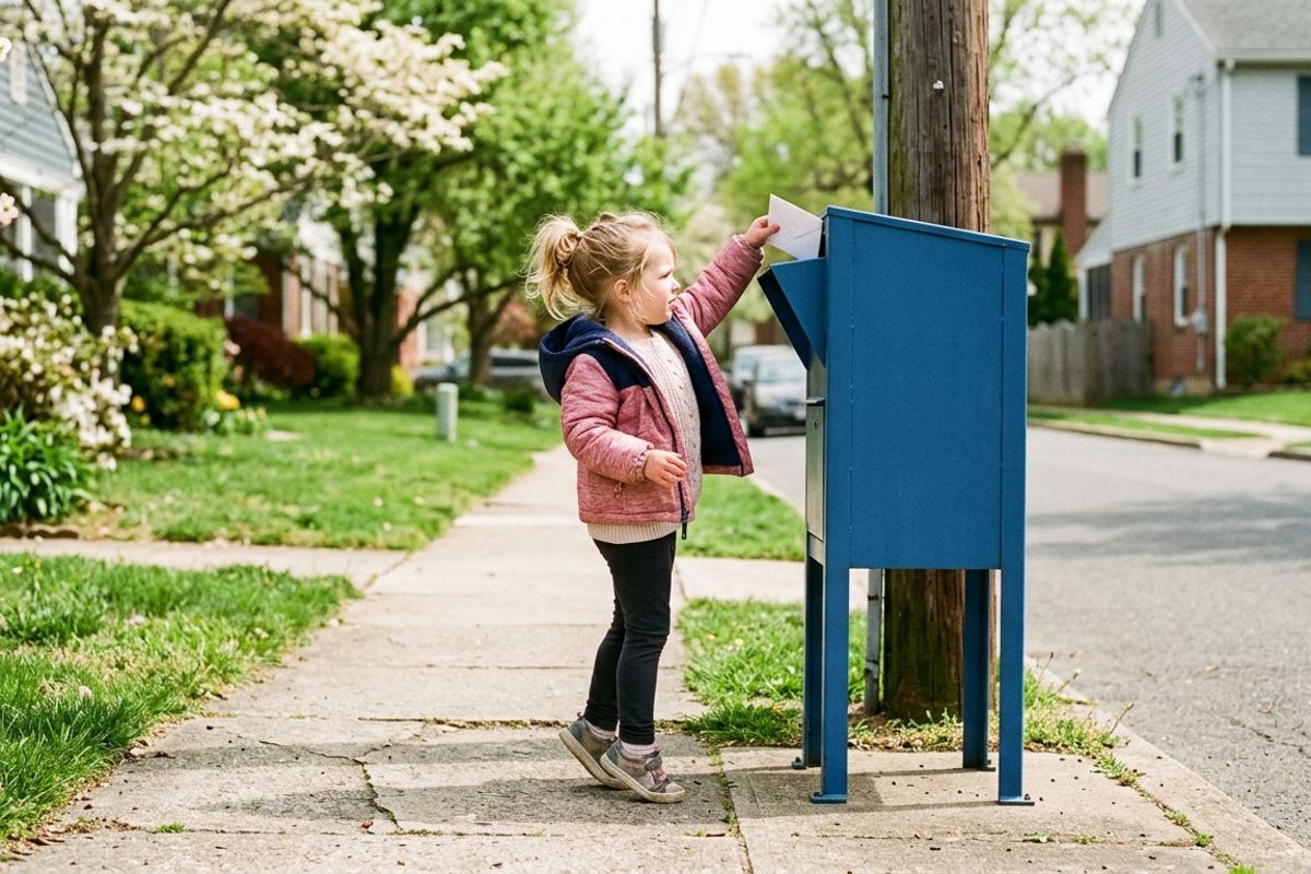 Child on tiptoes dropping an envelope into a blue corner mailbox on a spring morning