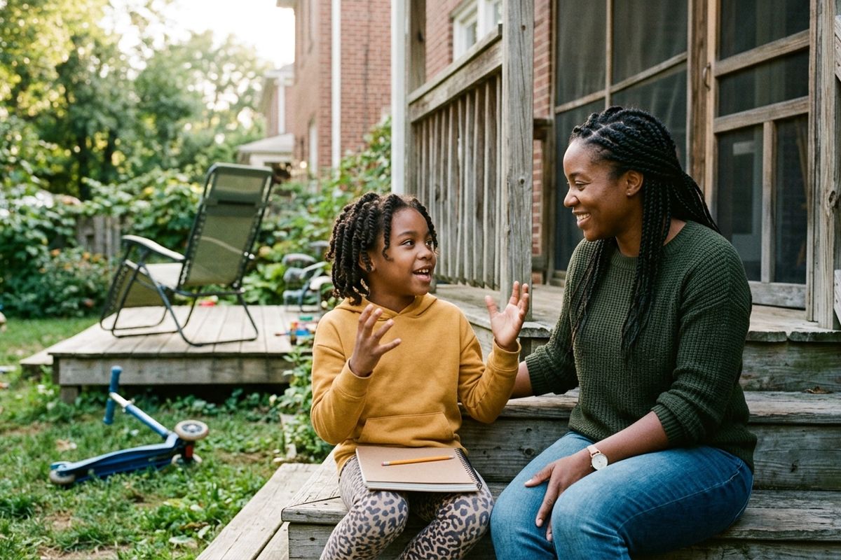 A mother and her daughter sitting on back-porch steps, the girl talking with her hands, a closed notebook on her knee