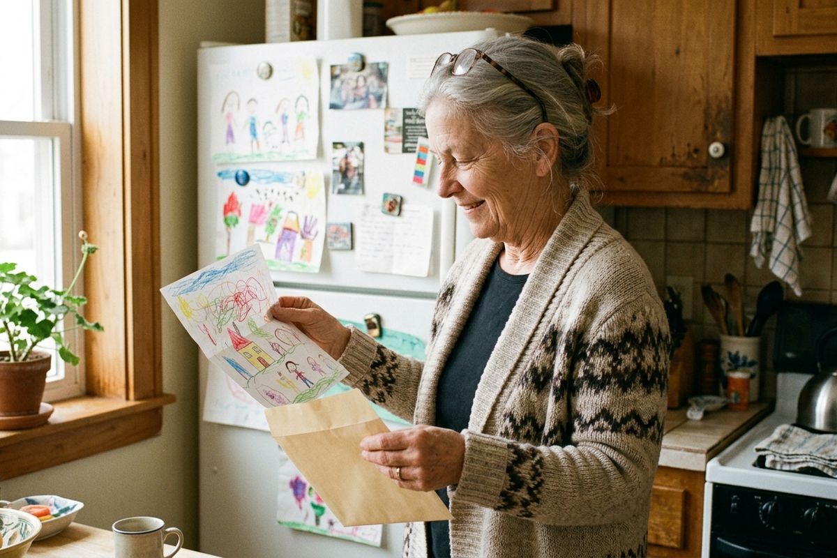 Grandmother in her kitchen reading a crayon-drawn letter she has just opened